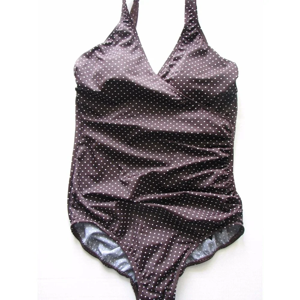 Miraclesuit Wrap One Piece Swimsuit Shaper Brown White Polka Dot Women's 16